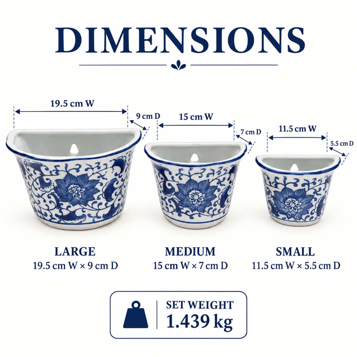 Set of 3 Blue & White Floral Wall-Mounted Half-Round Ceramic Planters