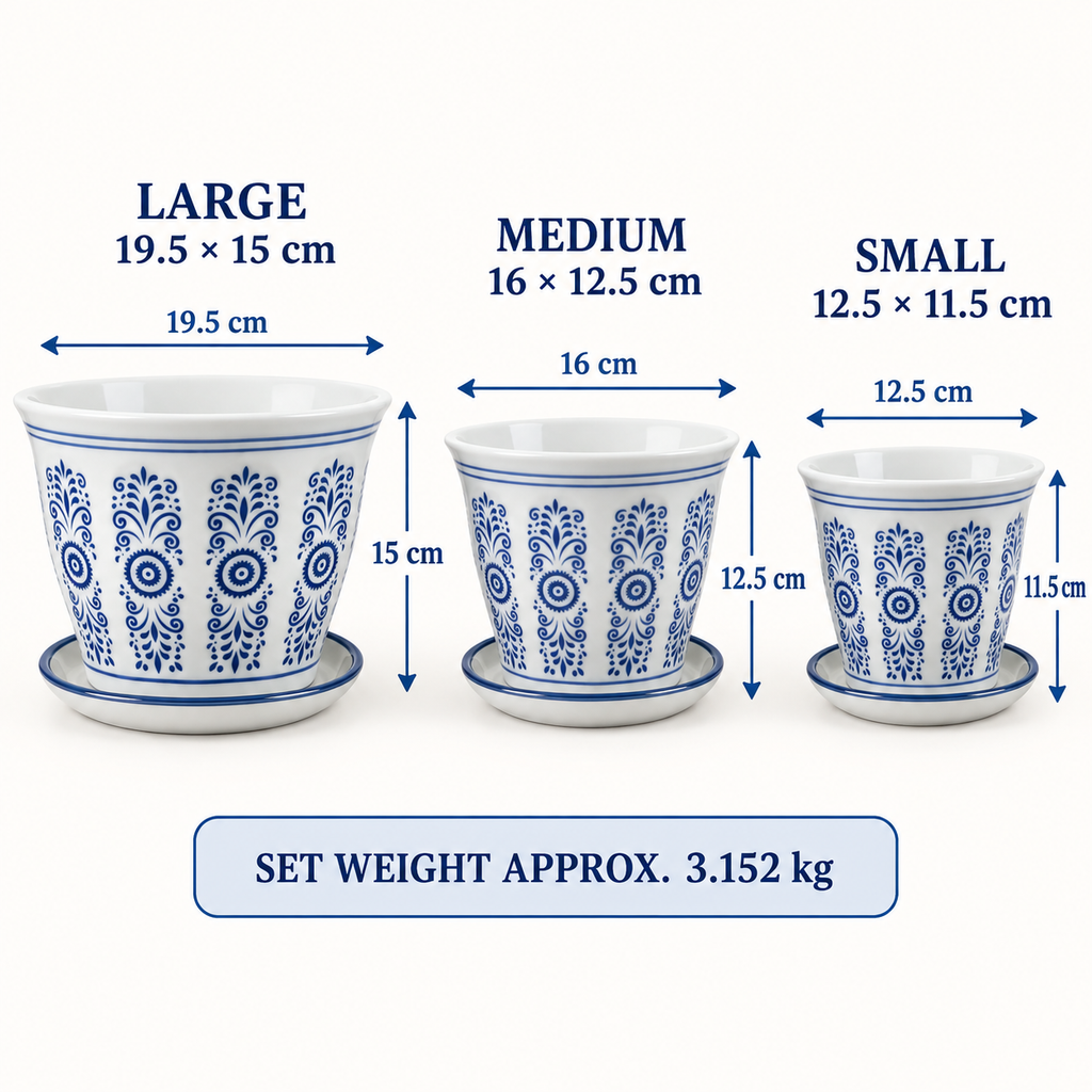 Set of 3 Blue & White Geometric Tapered Ceramic Planters with Saucers