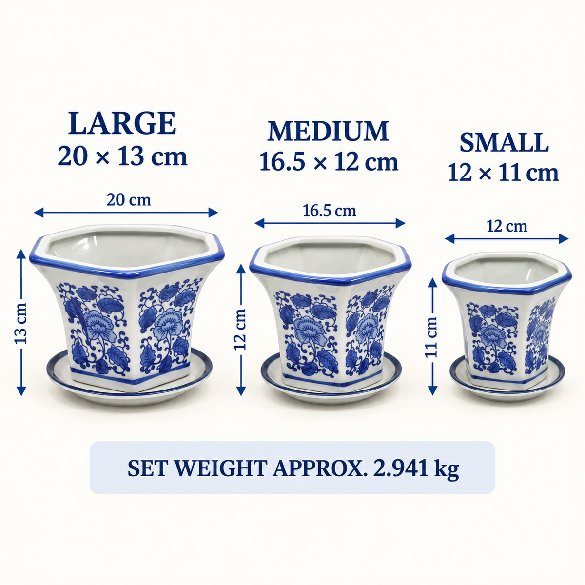 Set of 3 Blue & White Tall Flared Hexagonal Ceramic Planters with Saucers