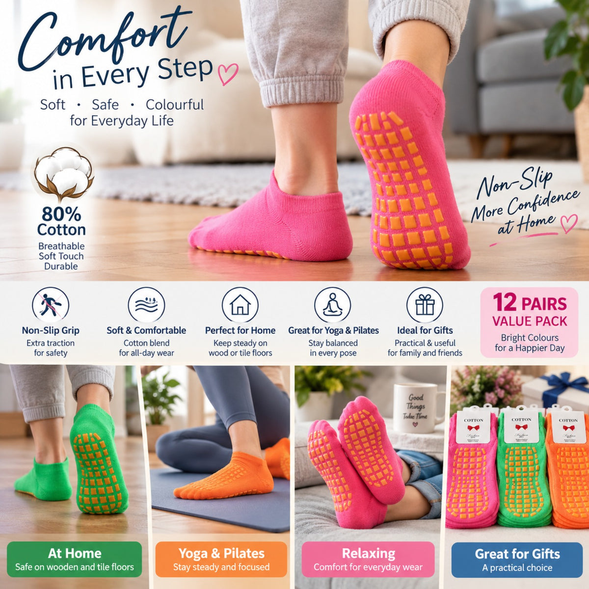 Non-Slip Ankle Socks – 12 Pairs Mixed Colours