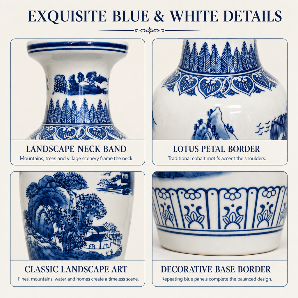 18-Inch Blue & White Landscape Flower Basket Vase - 45cm