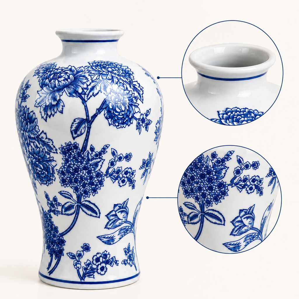 13-Inch Blue & White Floral Meiping Porcelain Vase
