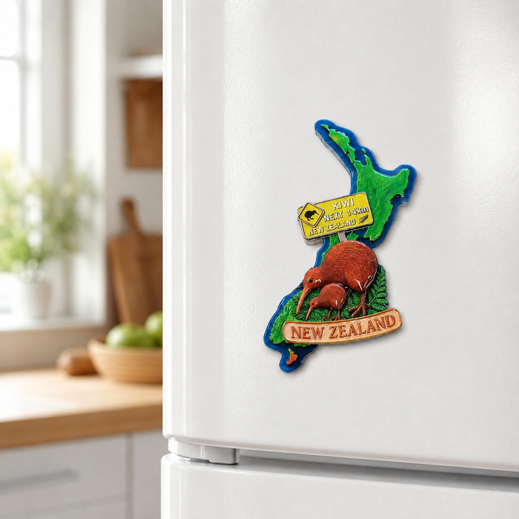 New Zealand Map & Kiwi Birds Fridge Magnet
