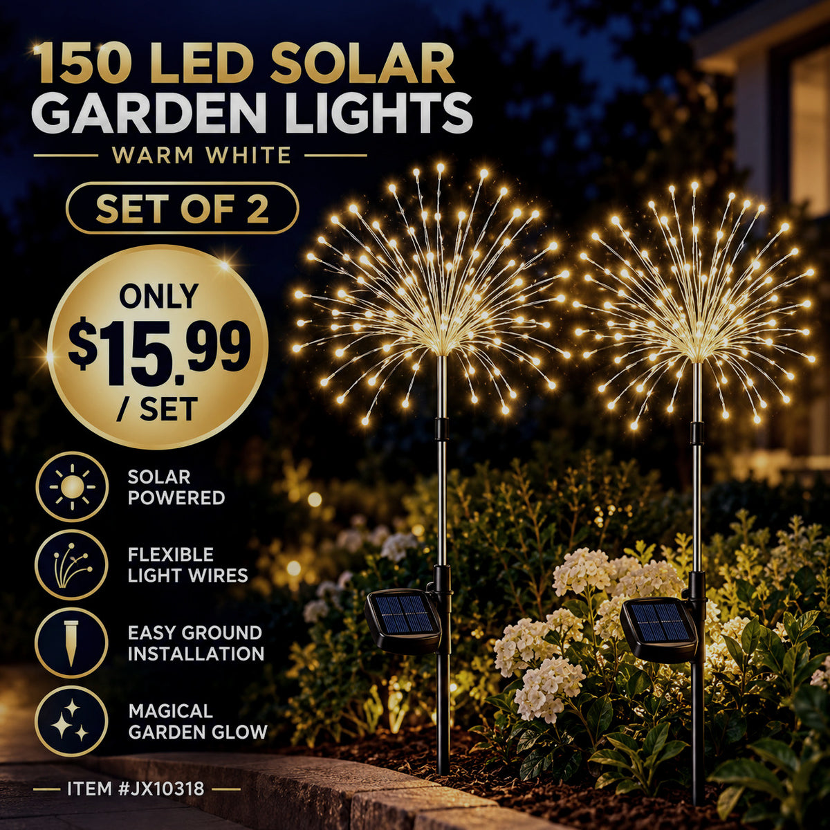 150 LED Warm White Solar Fireworks Lights – Set of 2