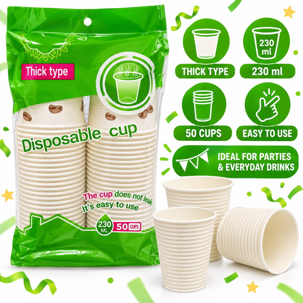 Thick Disposable Paper Cups – 230 ml, 50 Pack