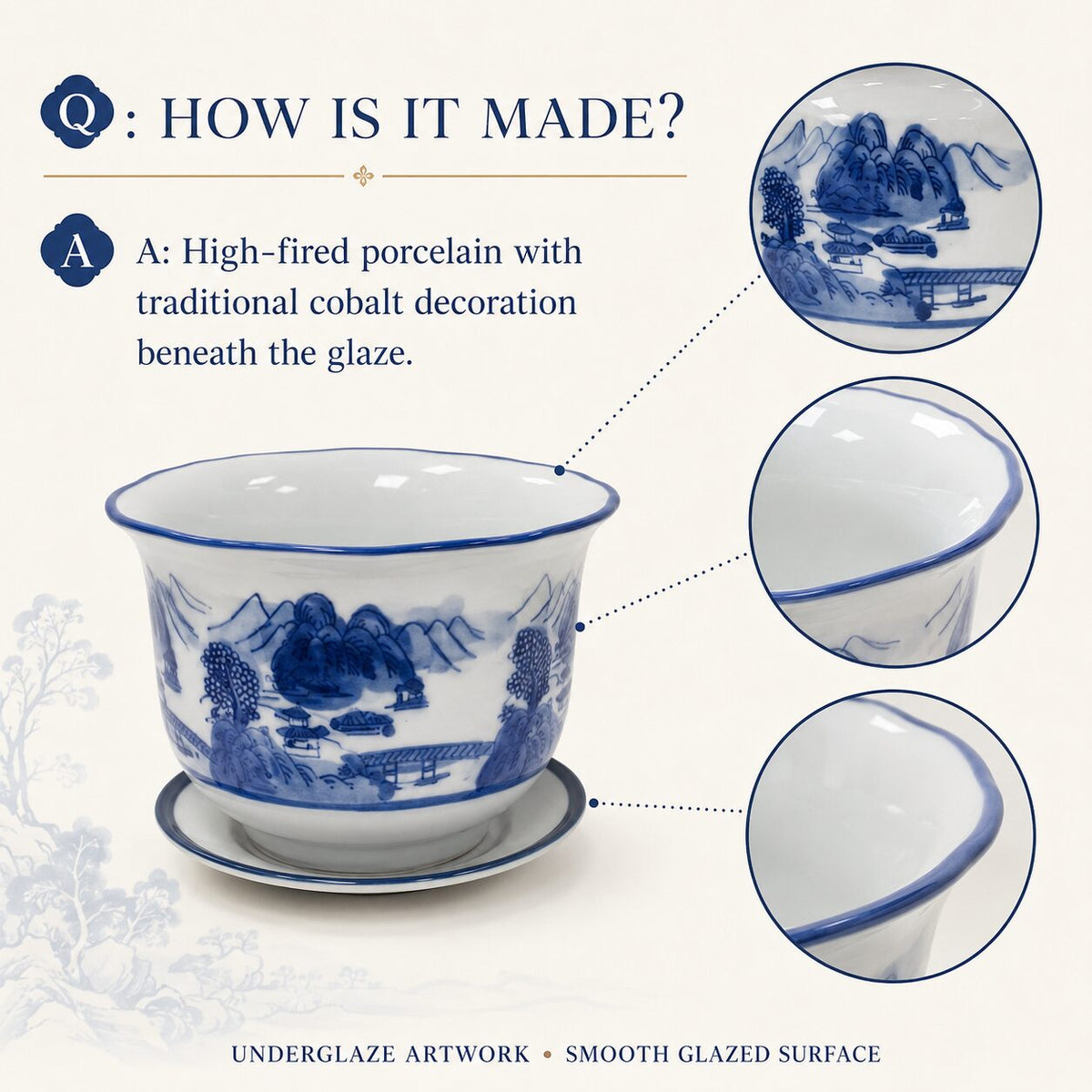 Blue & White Landscape Porcelain Planter Set of 3 with Matching Saucers