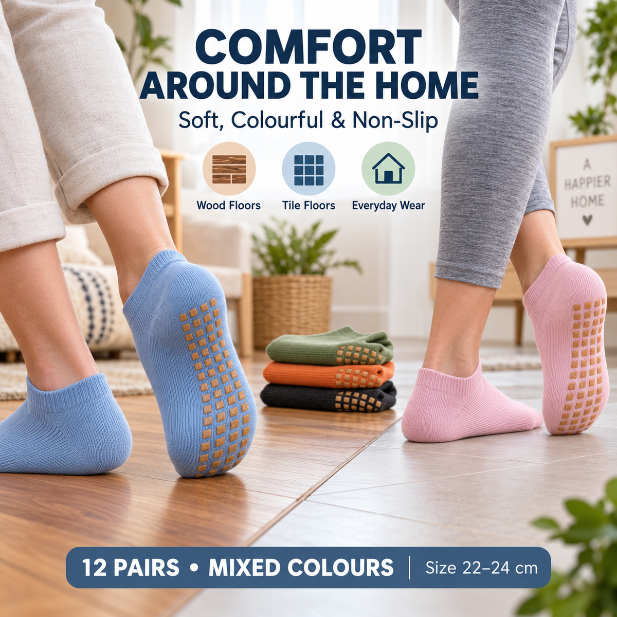 Non-Slip Ankle Socks – 12 Pairs Mixed Colours