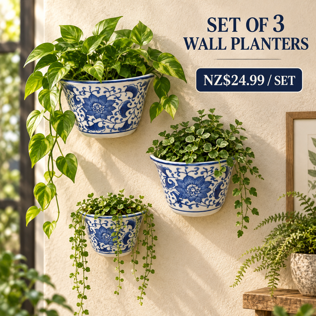 Set of 3 Blue & White Floral Wall-Mounted Half-Round Ceramic Planters