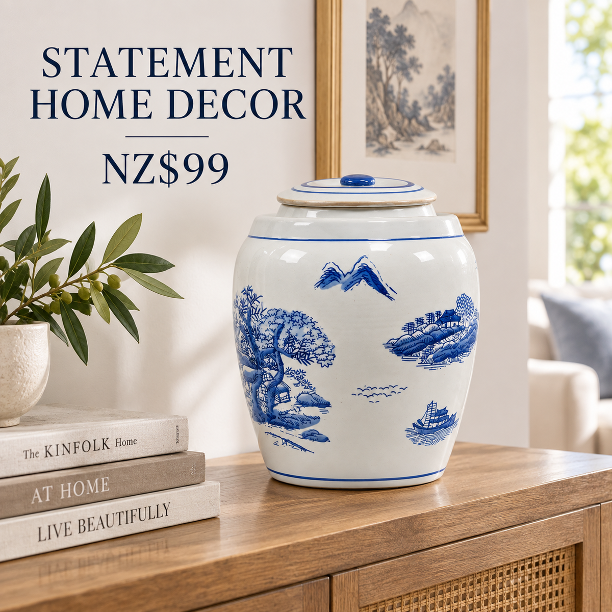 Large Blue & White Landscape Lidded Ginger Jar – 36cm