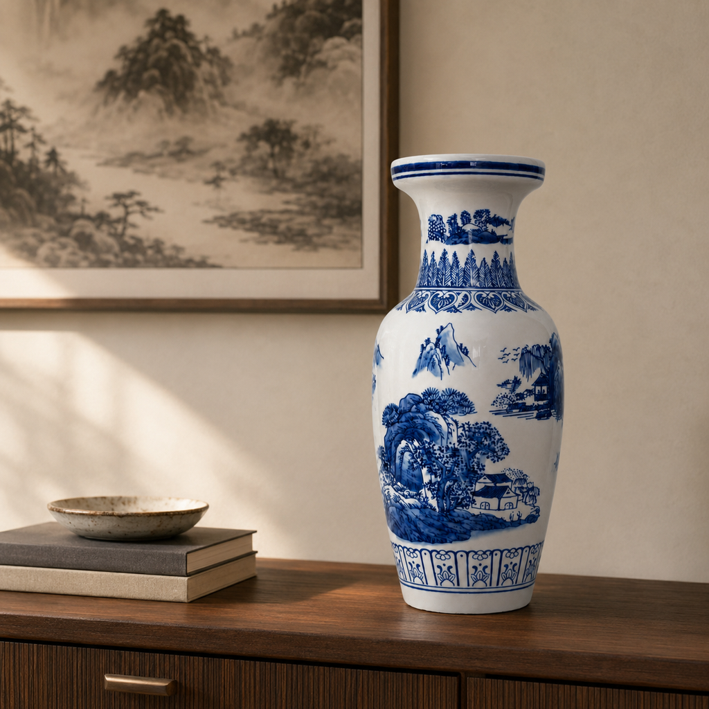 18-Inch Blue & White Landscape Flower Basket Vase - 45cm