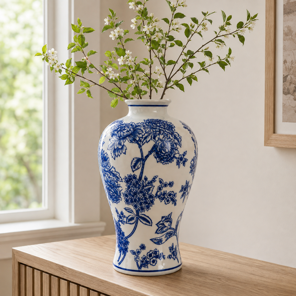 13-Inch Blue & White Floral Meiping Porcelain Vase