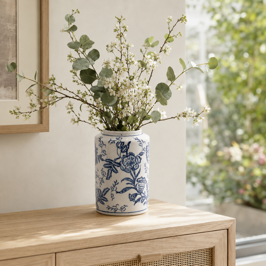 8-Inch Blue & White Porcelain Straight-Sided Vase