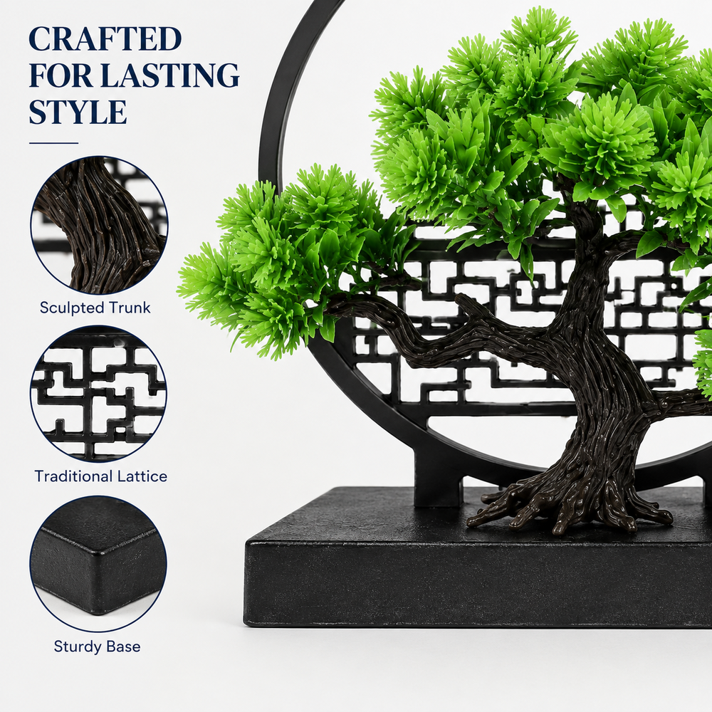 Artificial Green Bonsai Plant with Circular Frame – 26 cm
