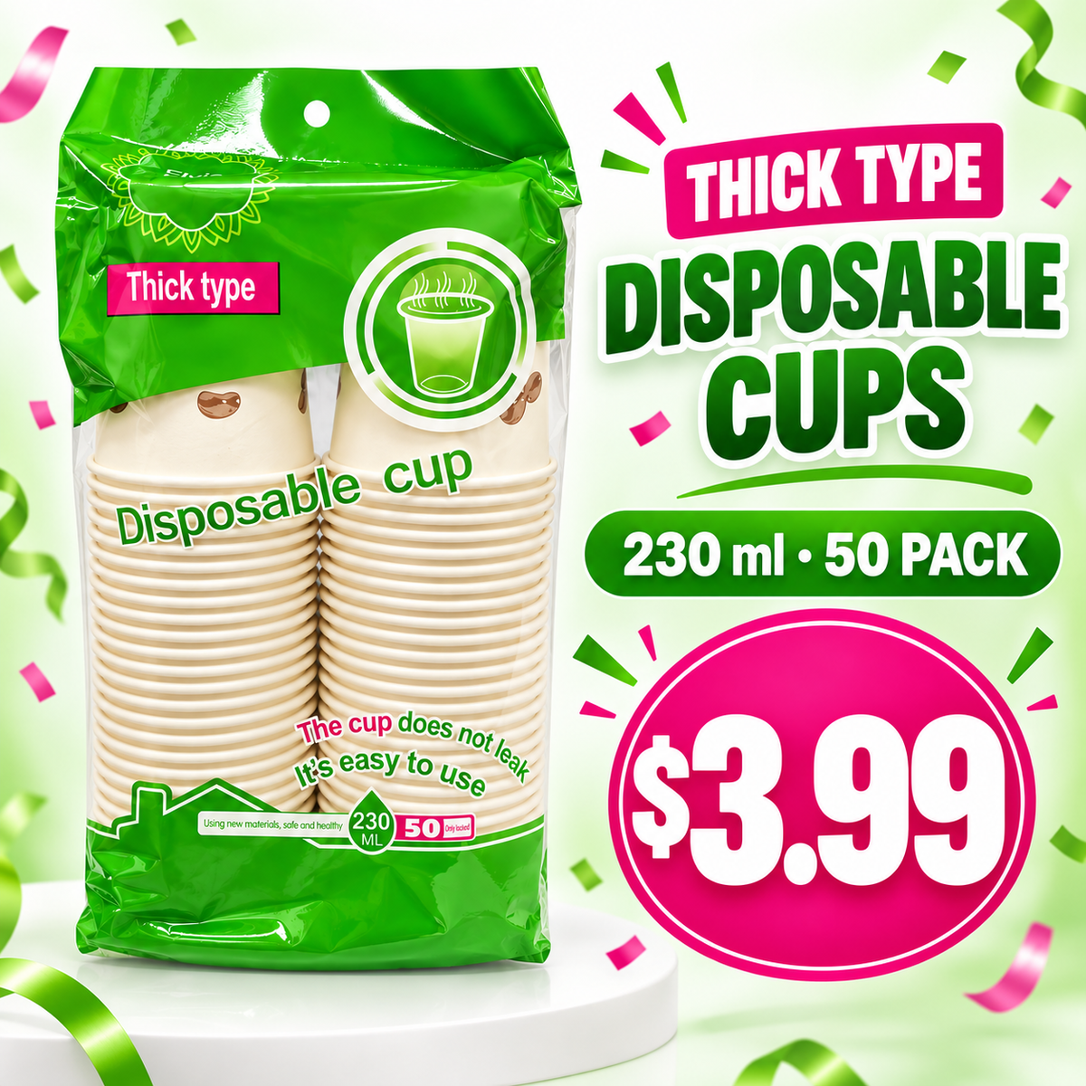 Thick Disposable Paper Cups – 230 ml, 50 Pack