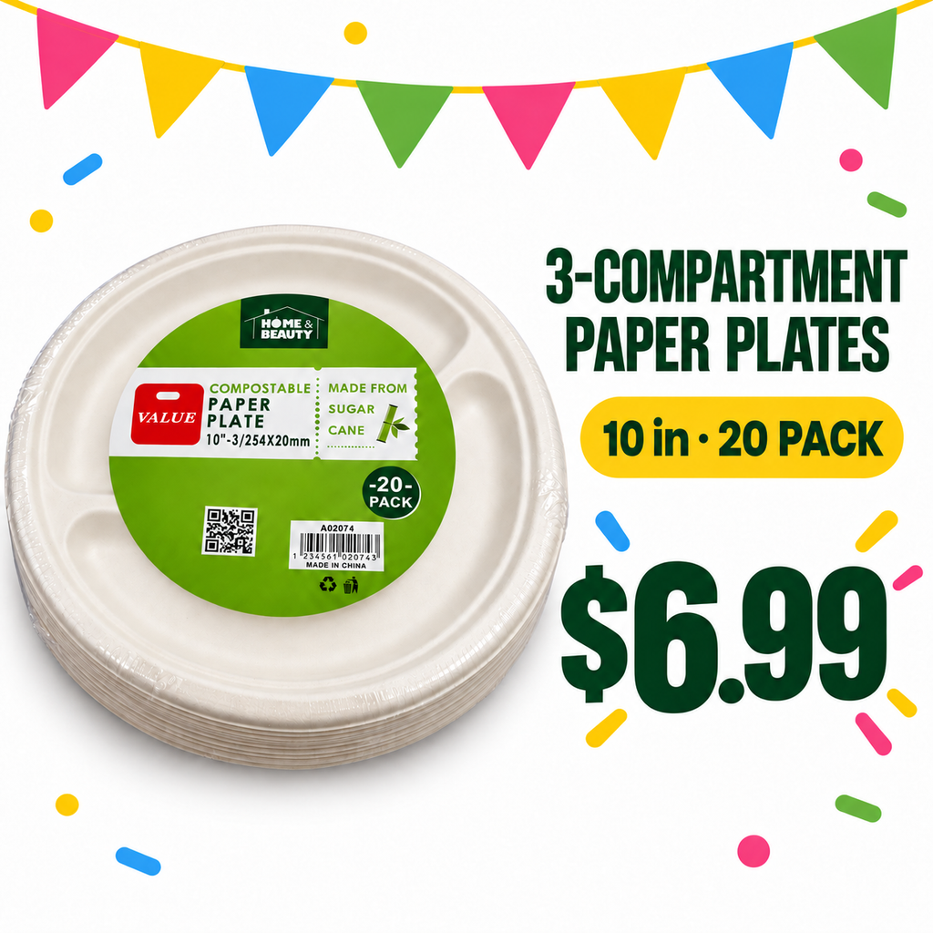 Compostable 3-Compartment Paper Plates – 10 Inch, 20 Pack
