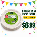 Compostable 3-Compartment Paper Plates – 10 Inch, 20 Pack