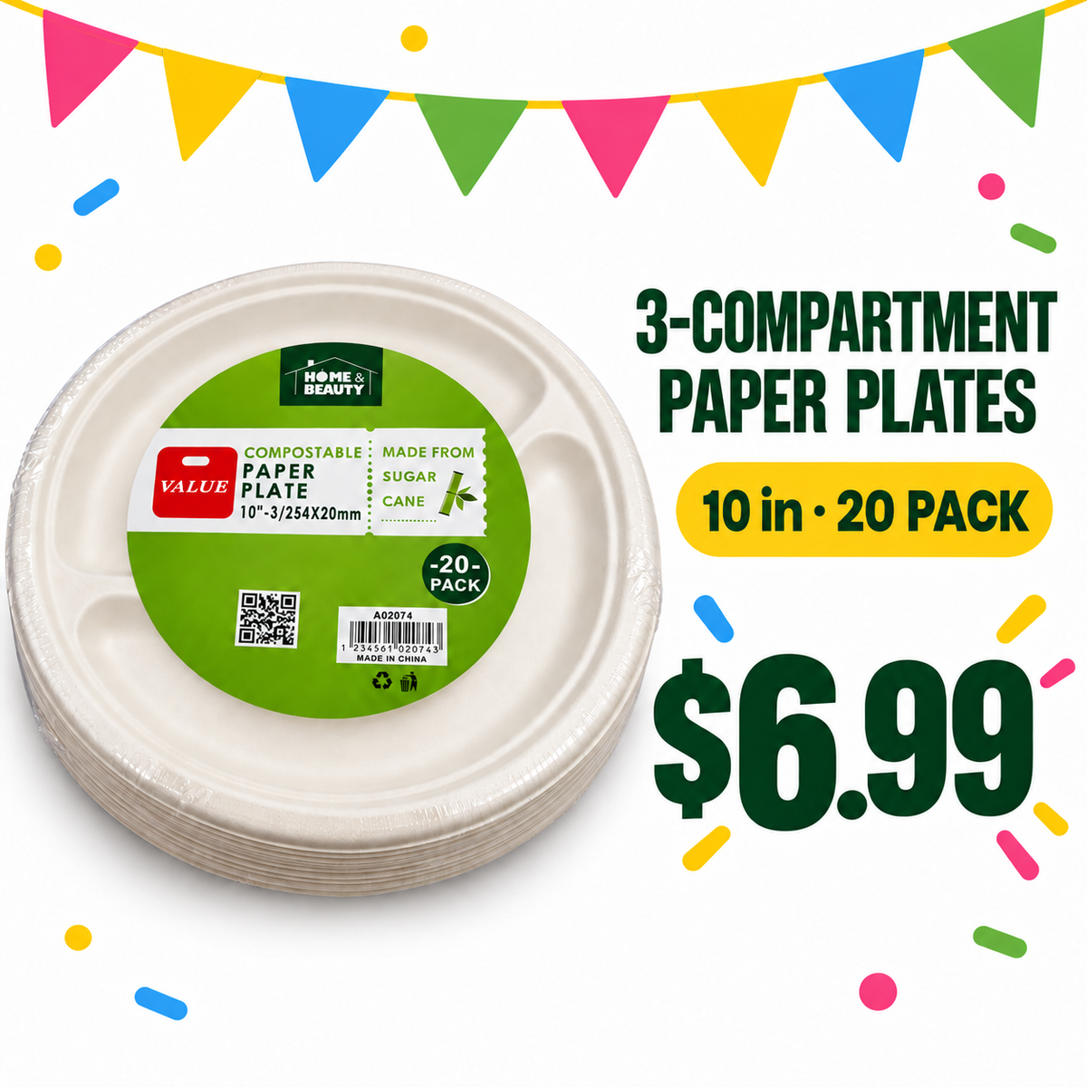 Compostable 3-Compartment Paper Plates – 10 Inch, 20 Pack