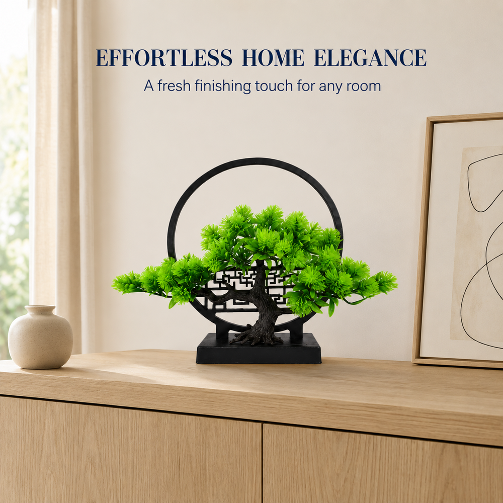 Artificial Green Bonsai Plant with Circular Frame – 26 cm