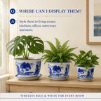 Blue & White Landscape Porcelain Planter Set of 3 with Matching Saucers