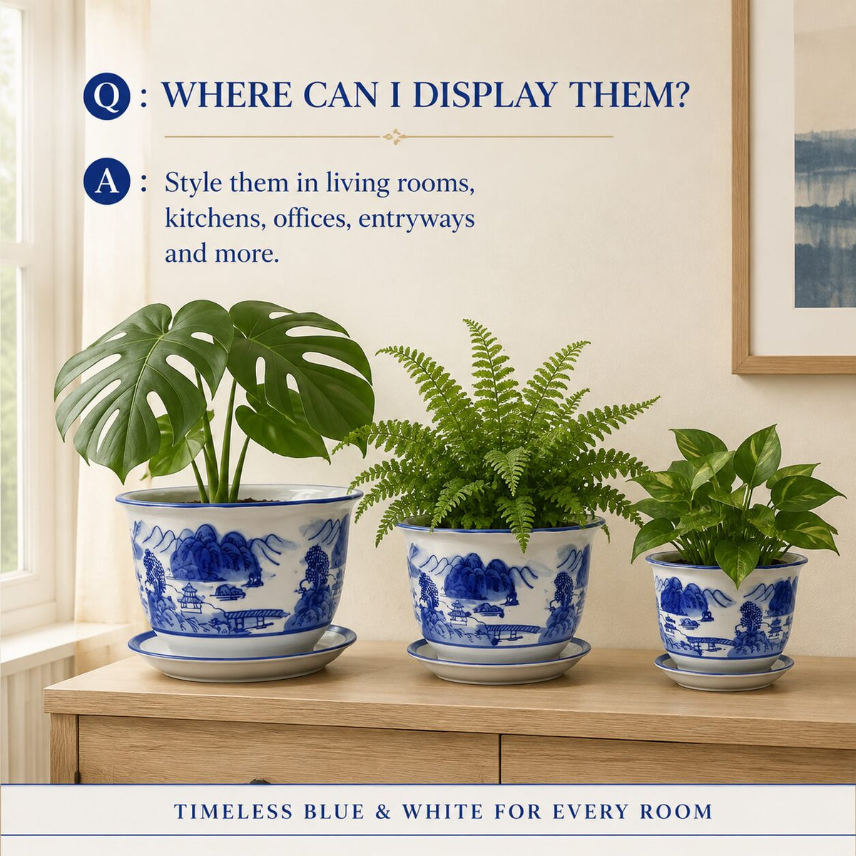 Blue & White Landscape Porcelain Planter Set of 3 with Matching Saucers