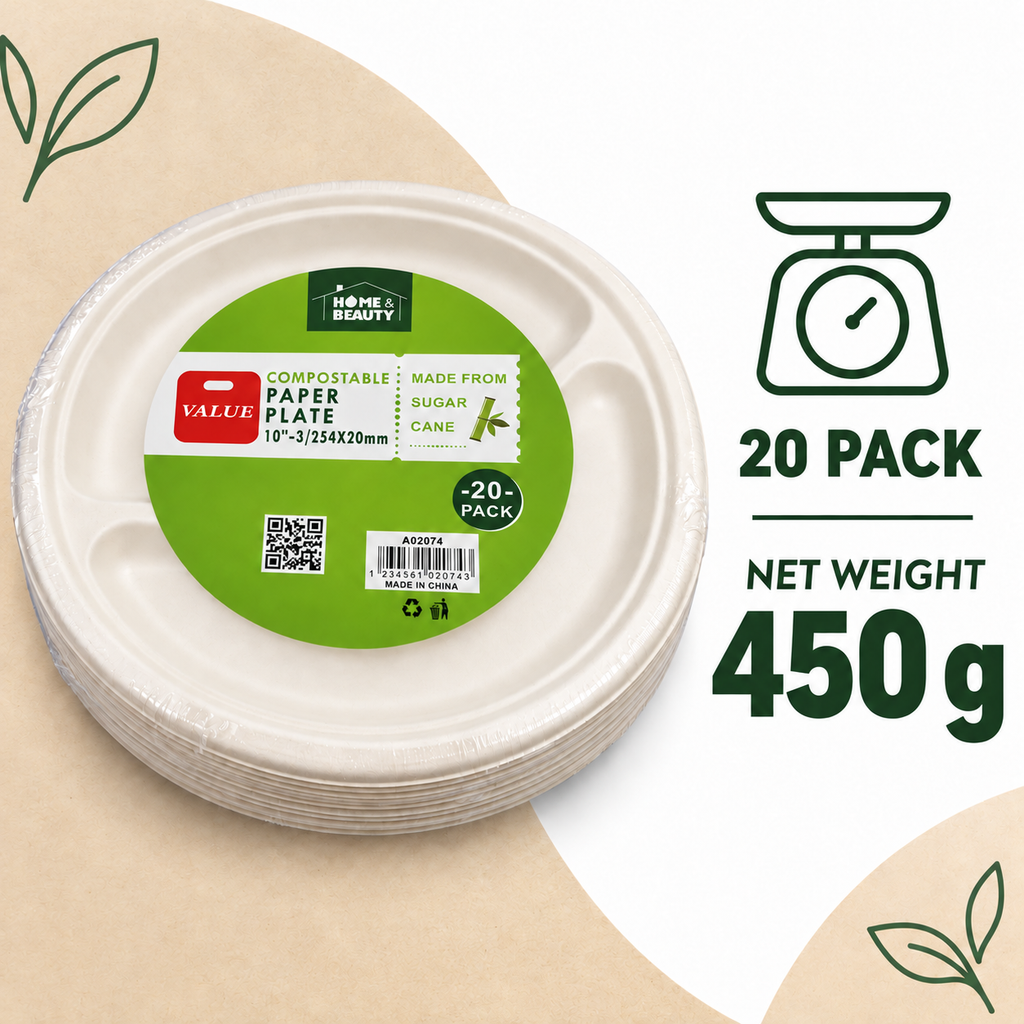 Compostable 3-Compartment Paper Plates – 10 Inch, 20 Pack