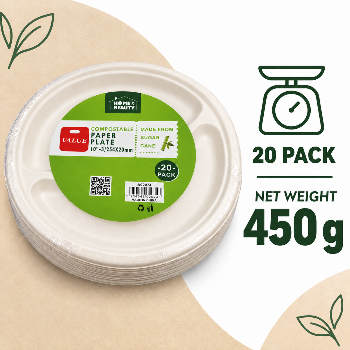 Compostable 3-Compartment Paper Plates – 10 Inch, 20 Pack