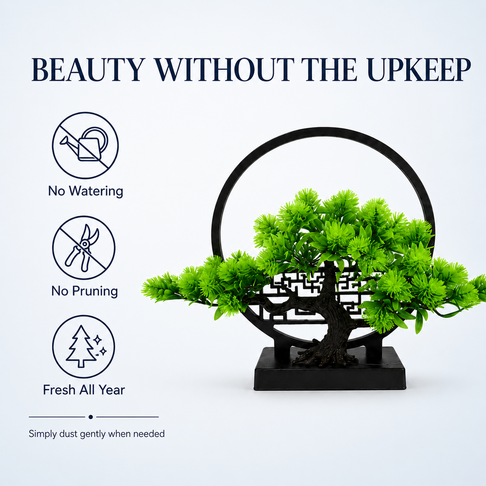 Artificial Green Bonsai Plant with Circular Frame – 26 cm