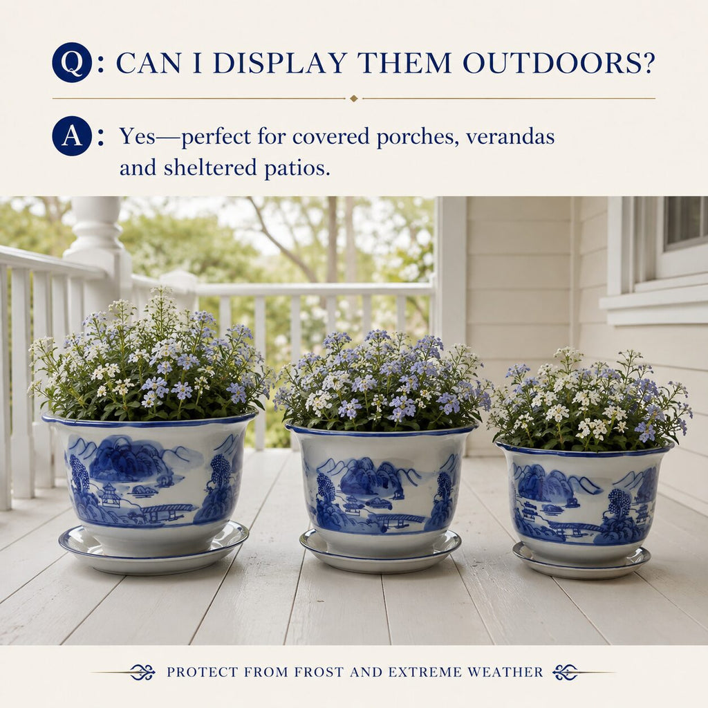 Blue & White Landscape Porcelain Planter Set of 3 with Matching Saucers