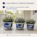 Blue & White Landscape Porcelain Planter Set of 3 with Matching Saucers