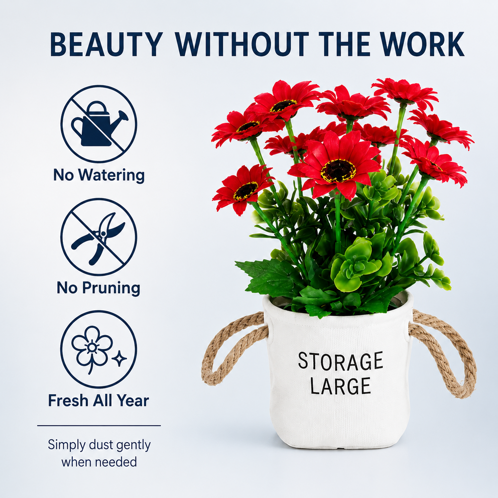 Artificial Daisy Arrangement in Woven Storage Pot – 26 cm