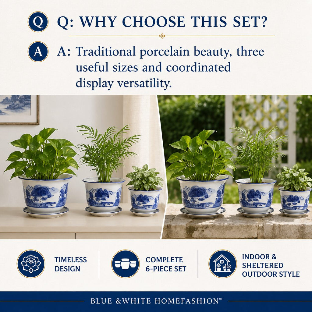 Blue & White Landscape Porcelain Planter Set of 3 with Matching Saucers