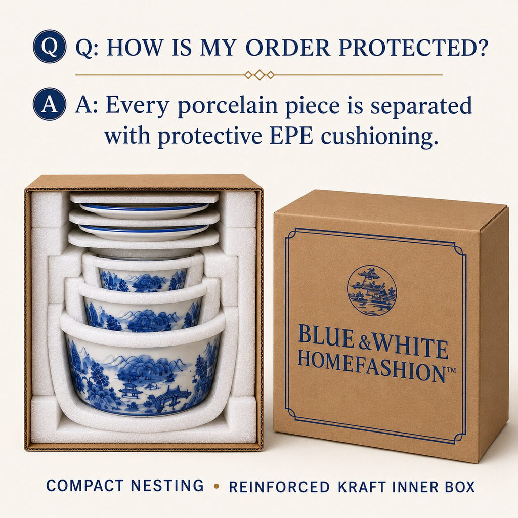 Blue & White Landscape Porcelain Planter Set of 3 with Matching Saucers