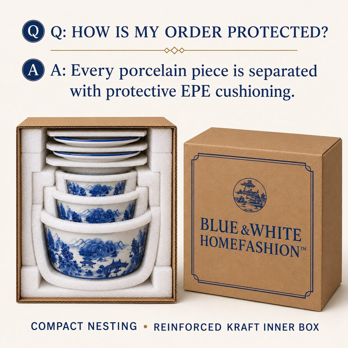 Blue & White Landscape Porcelain Planter Set of 3 with Matching Saucers