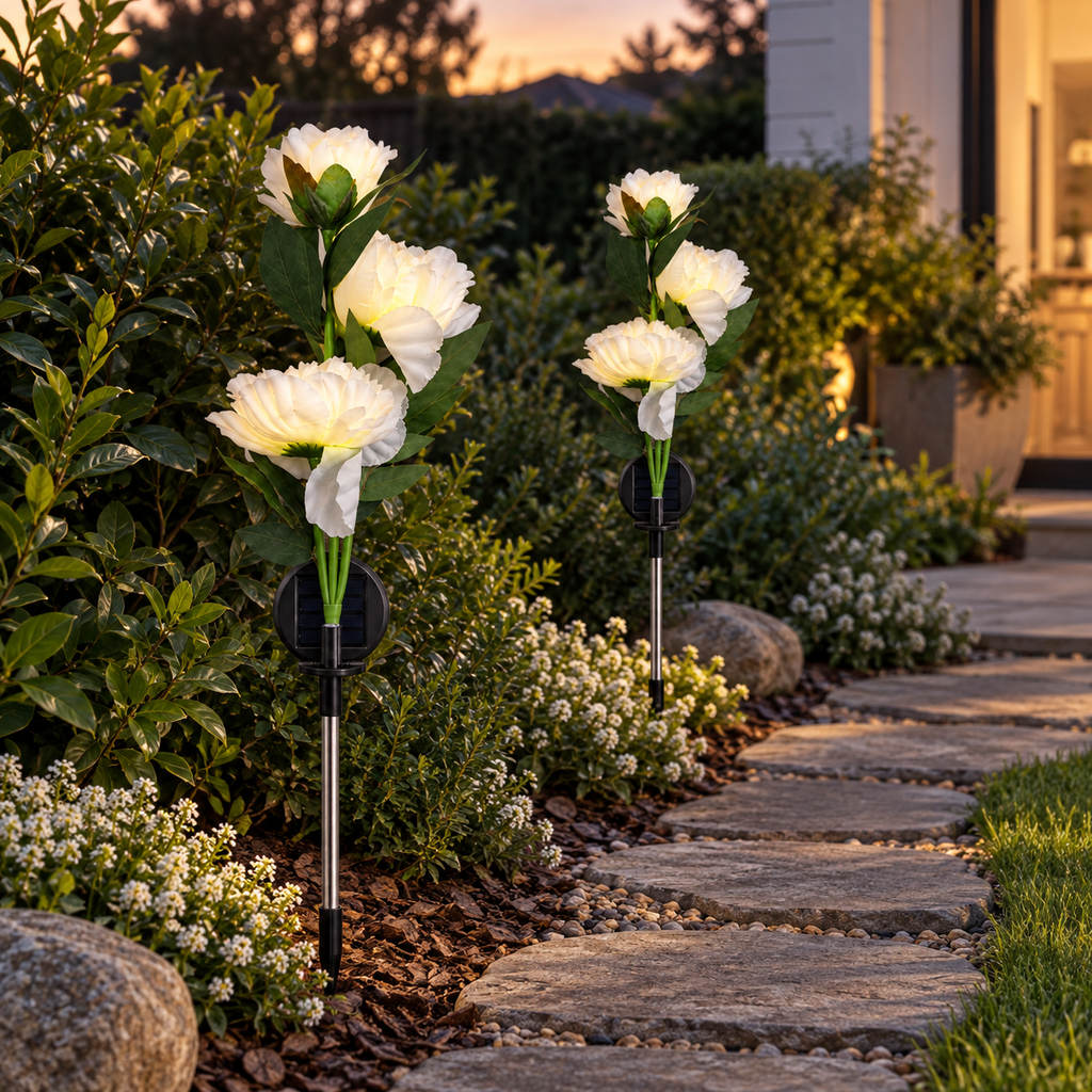 Set of 2 Solar 3-Head Peony Flower Garden Lights – 72cm