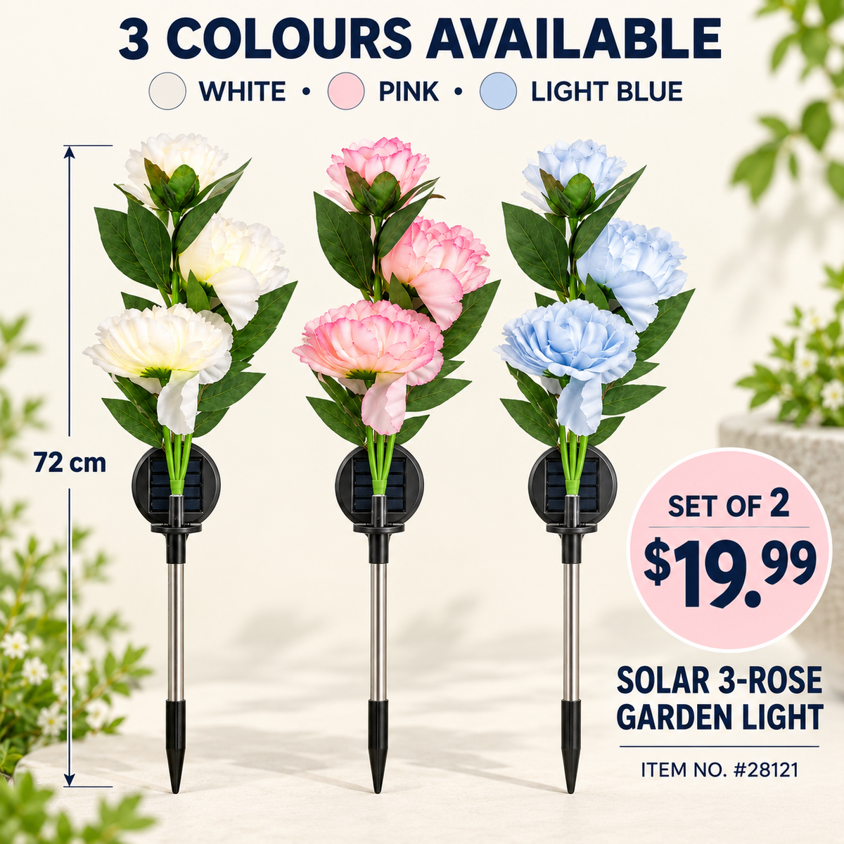 Set of 2 Solar 3-Head Peony Flower Garden Lights – 72cm