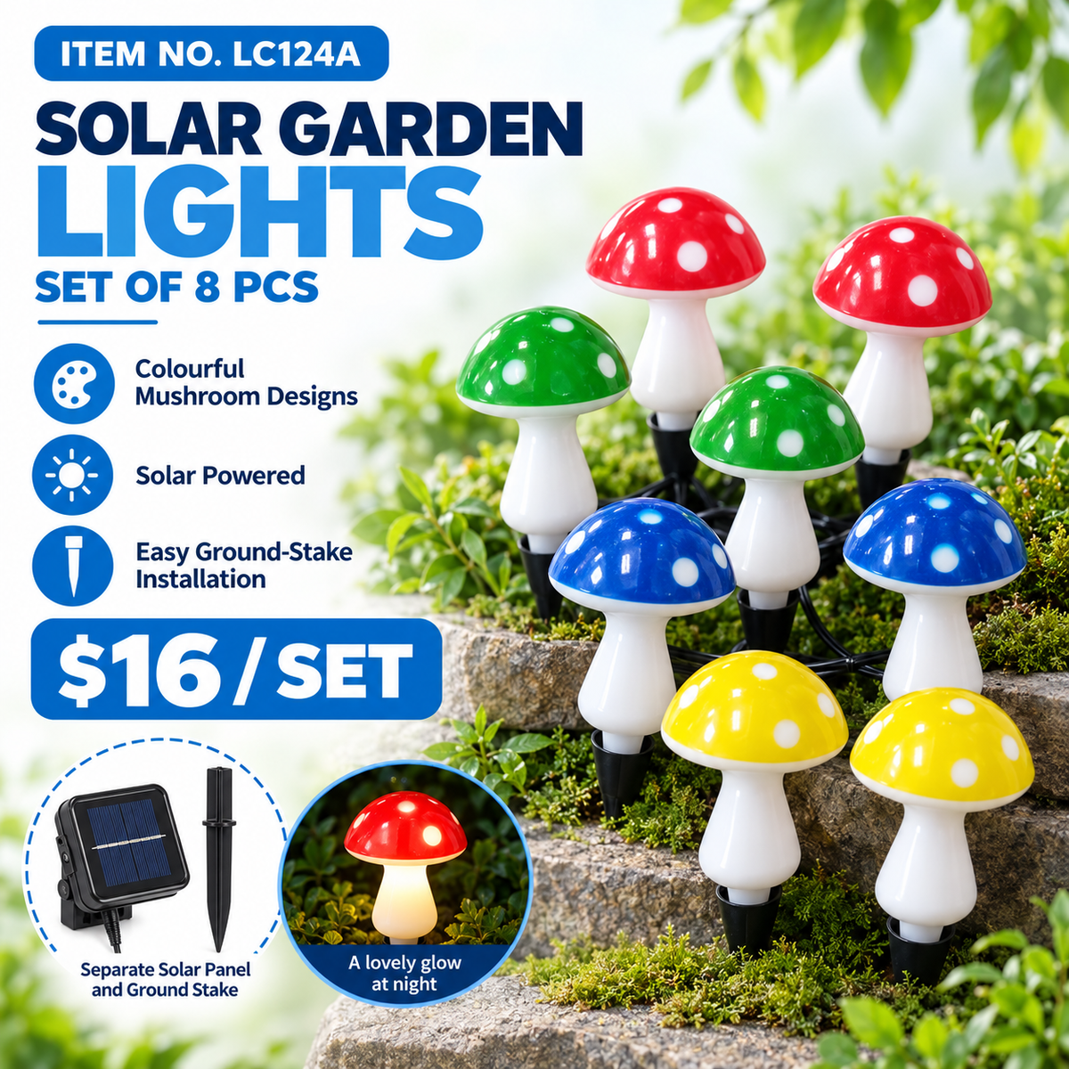 Set of 8 Solar Mushroom Garden Lights – 15cm