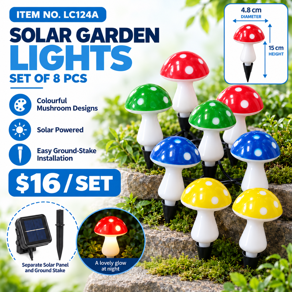 Set of 8 Solar Mushroom Garden Lights – 15cm