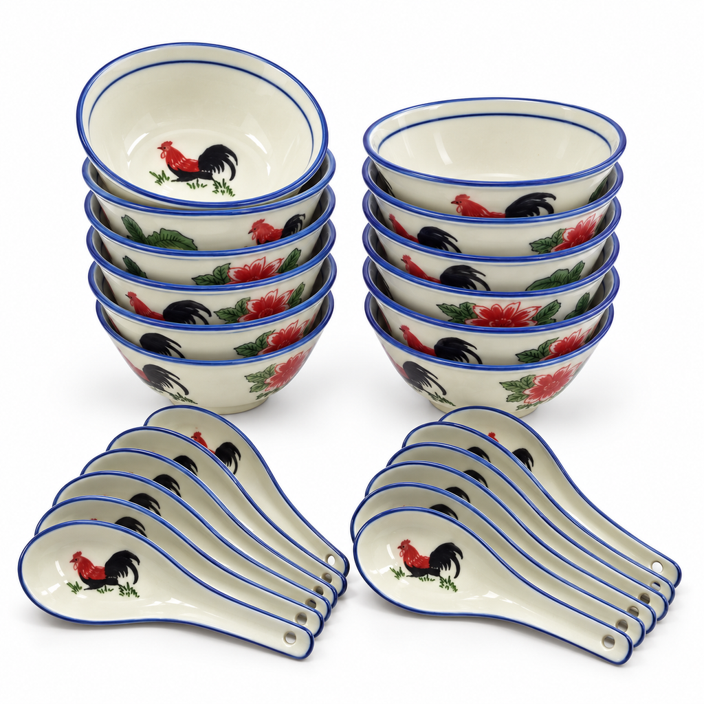 Rooster Bowl & Spoon Set – 12 Bowls + 12 Spoons