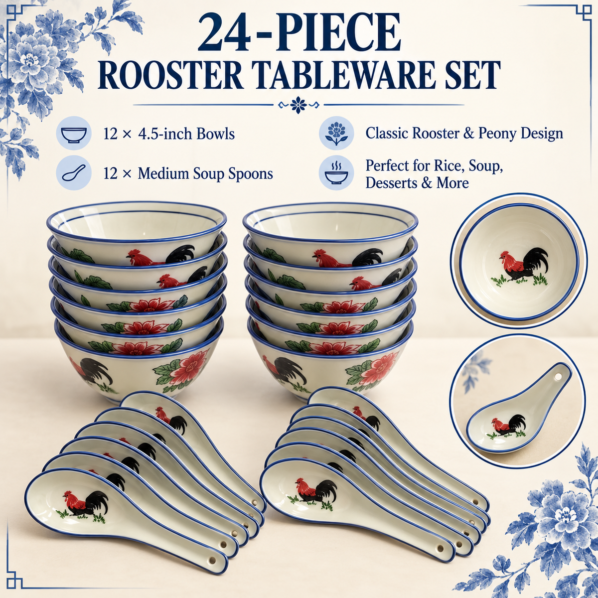 Rooster Bowl & Spoon Set – 12 Bowls + 12 Spoons