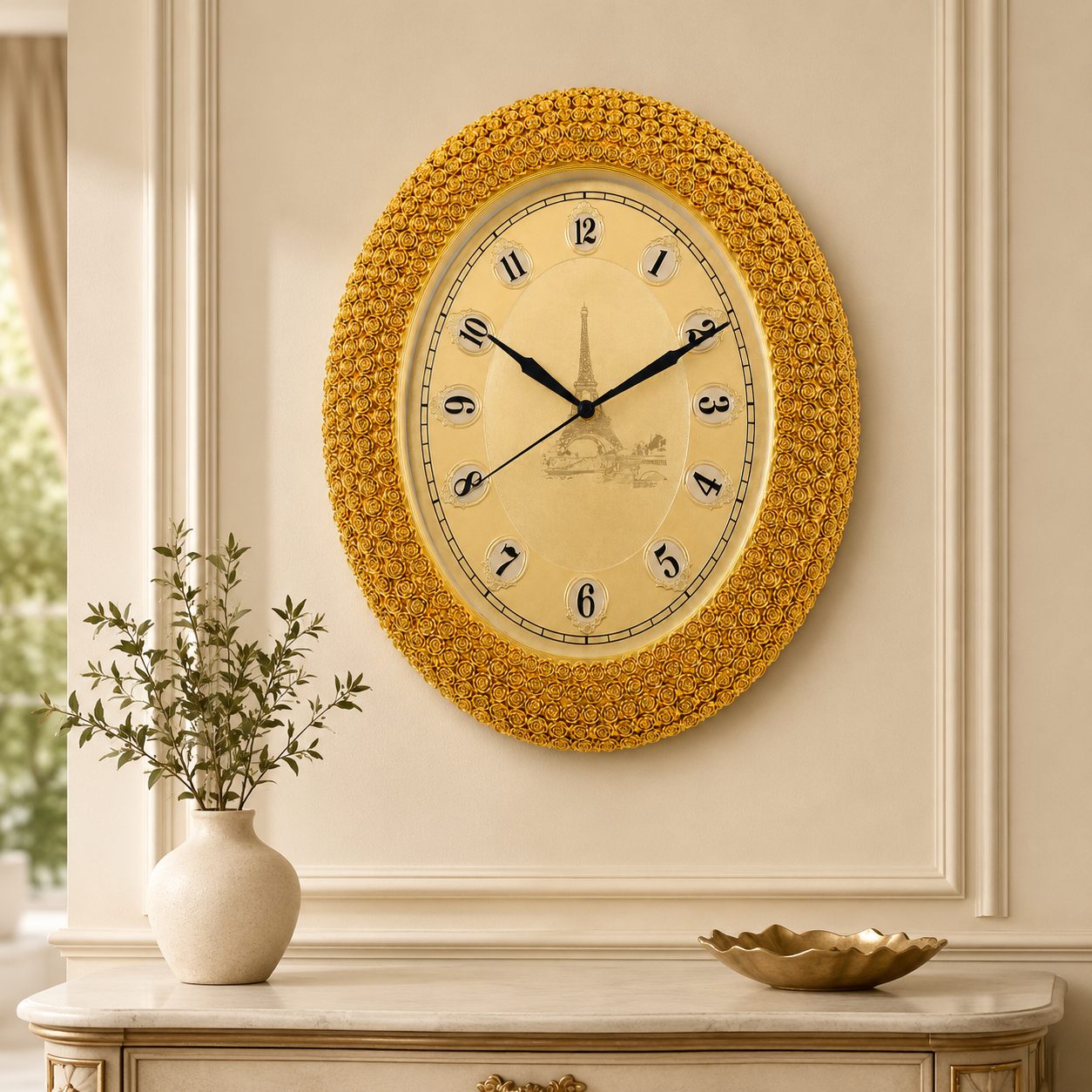46cm Ornate Gold Rose Oval Wall Clock – Item 323