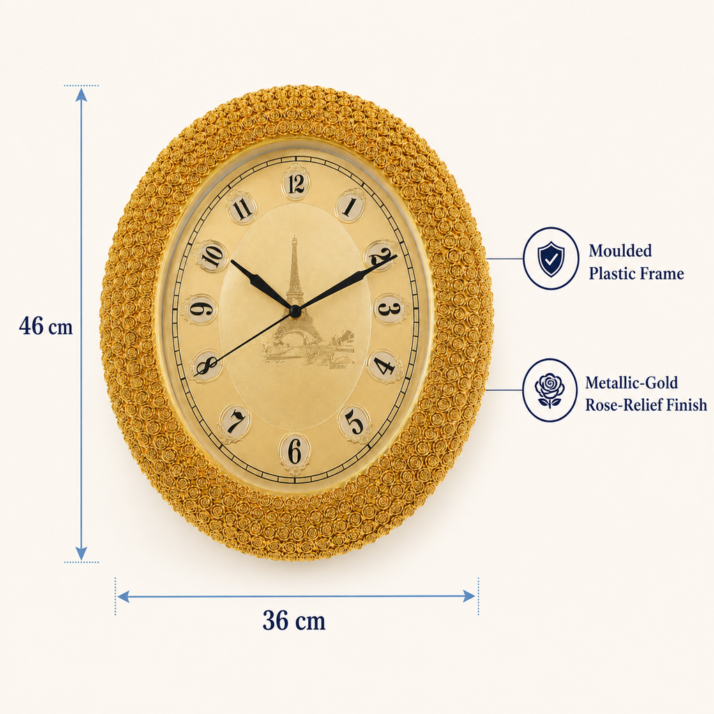 46cm Ornate Gold Rose Oval Wall Clock – Item 323