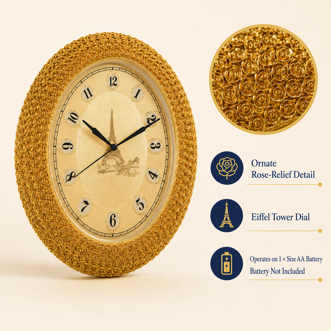 46cm Ornate Gold Rose Oval Wall Clock – Item 323