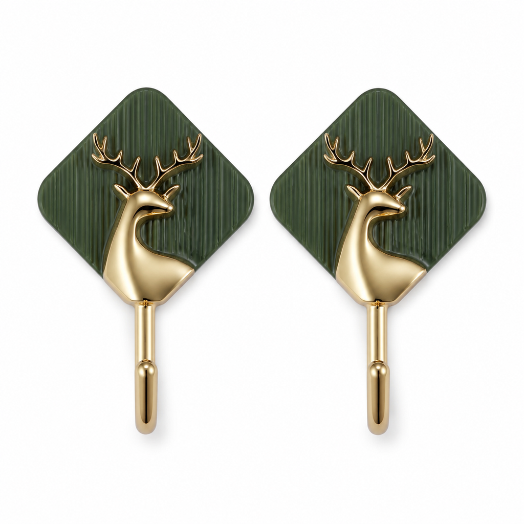 2-Pack Decorative Deer Adhesive Wall Hooks – Green & Gold