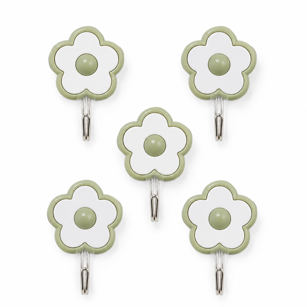 5-Pack Flower Adhesive Wall Hooks – Sage Green & White