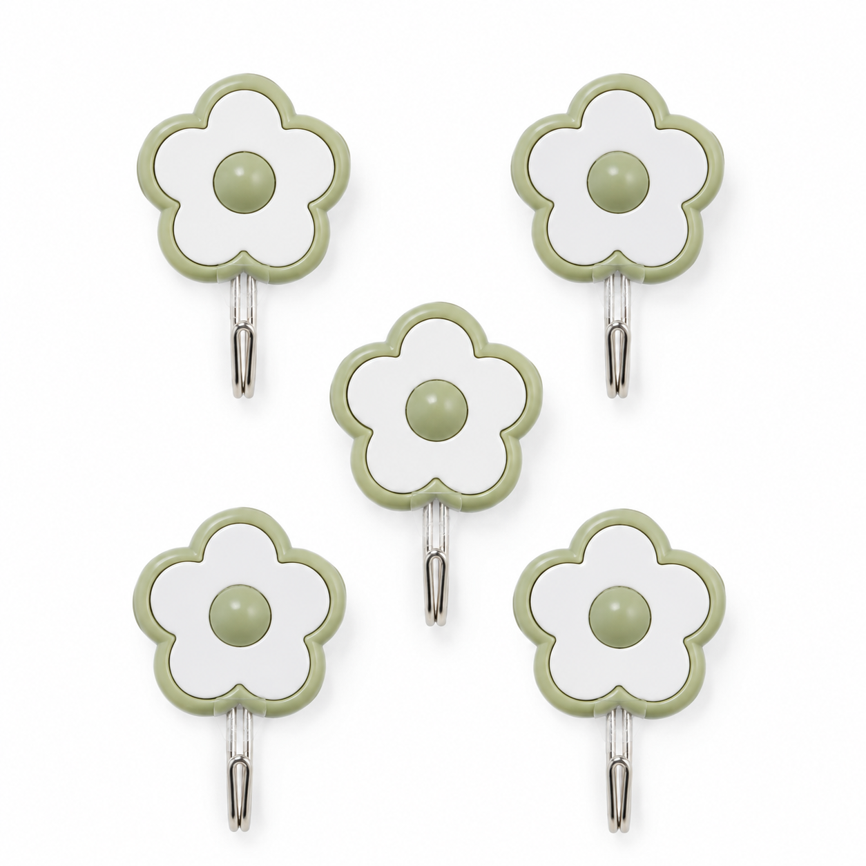 5-Pack Flower Adhesive Wall Hooks – Sage Green & White