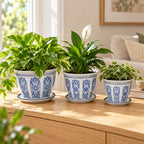 Set of 3 Blue & White Geometric Tapered Ceramic Planters with Saucers