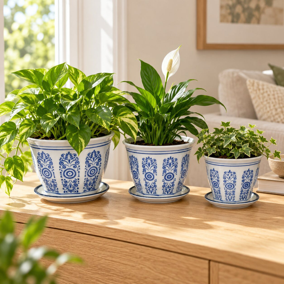 Set of 3 Blue & White Geometric Tapered Ceramic Planters with Saucers
