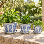 Set of 3 Blue & White Geometric Tapered Ceramic Planters with Saucers