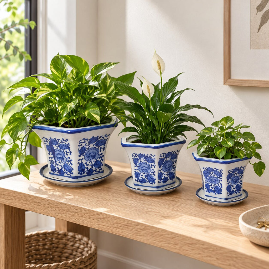 Set of 3 Blue & White Tall Flared Hexagonal Ceramic Planters with Saucers