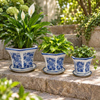 Set of 3 Blue & White Tall Flared Hexagonal Ceramic Planters with Saucers